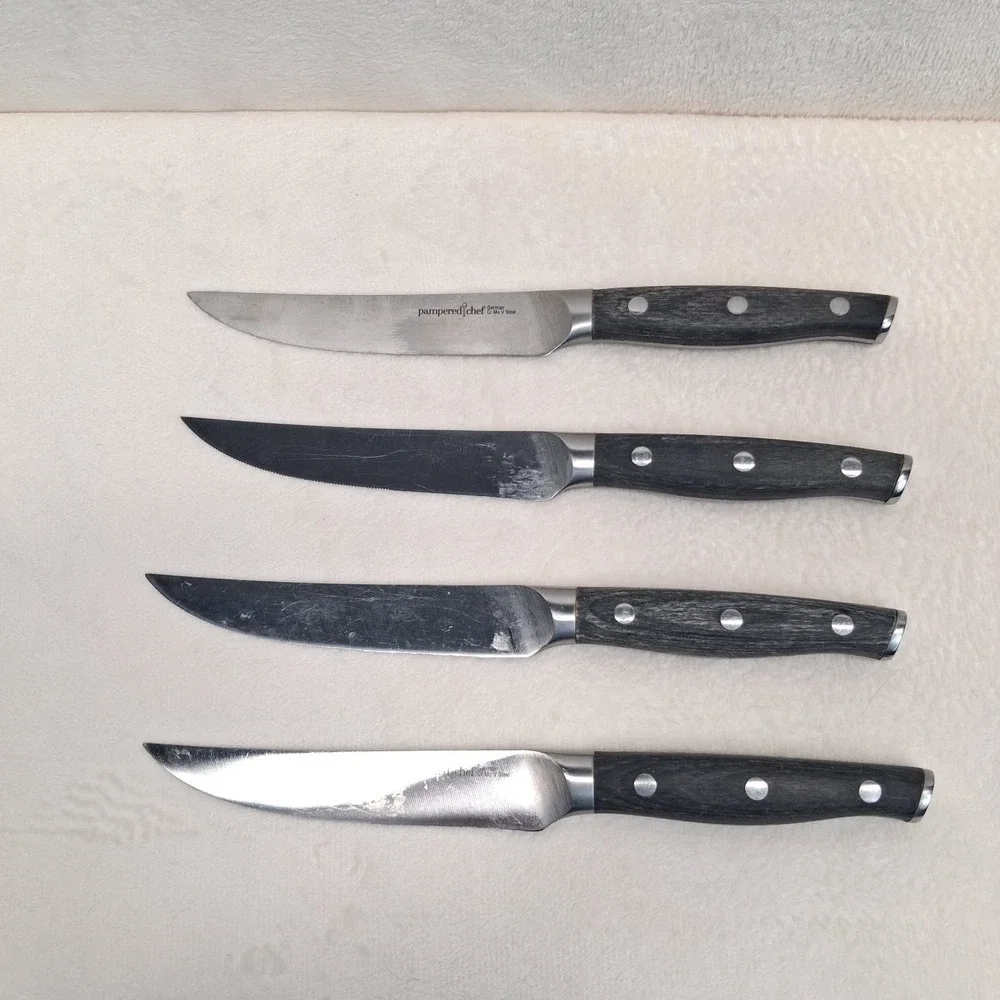 Pampered Chef (4) Steak Knives Dark Gray Handle German Steel